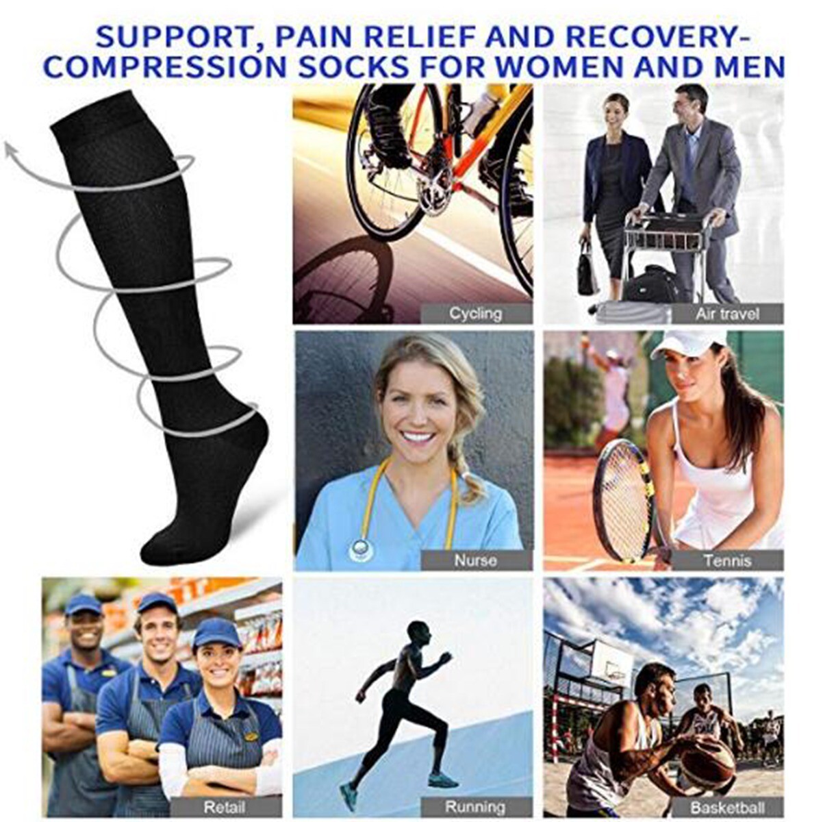 Compression Socks Wide Calf Anti-Fatigue Leg Varicose Vein Stocking Unisex S-3XL