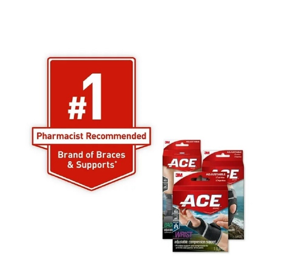 ACE Brand Adjustable Compression Wrist Support, Black – One Size Fits Most