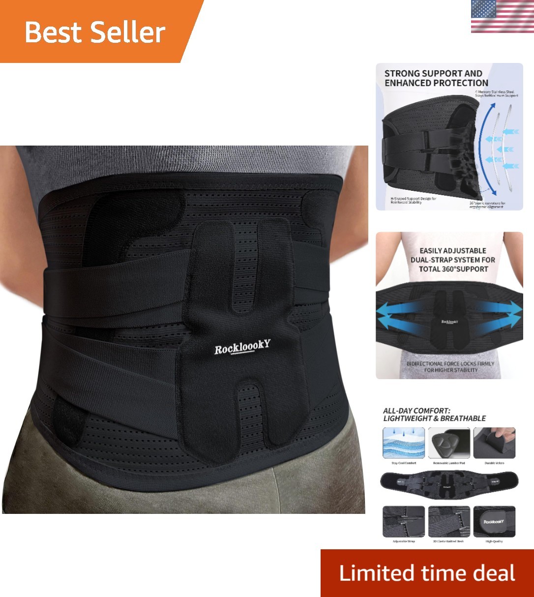 Adjustable Lower Back Brace for Optimal Lumbar Support – Size L (Waist 38-45IN)