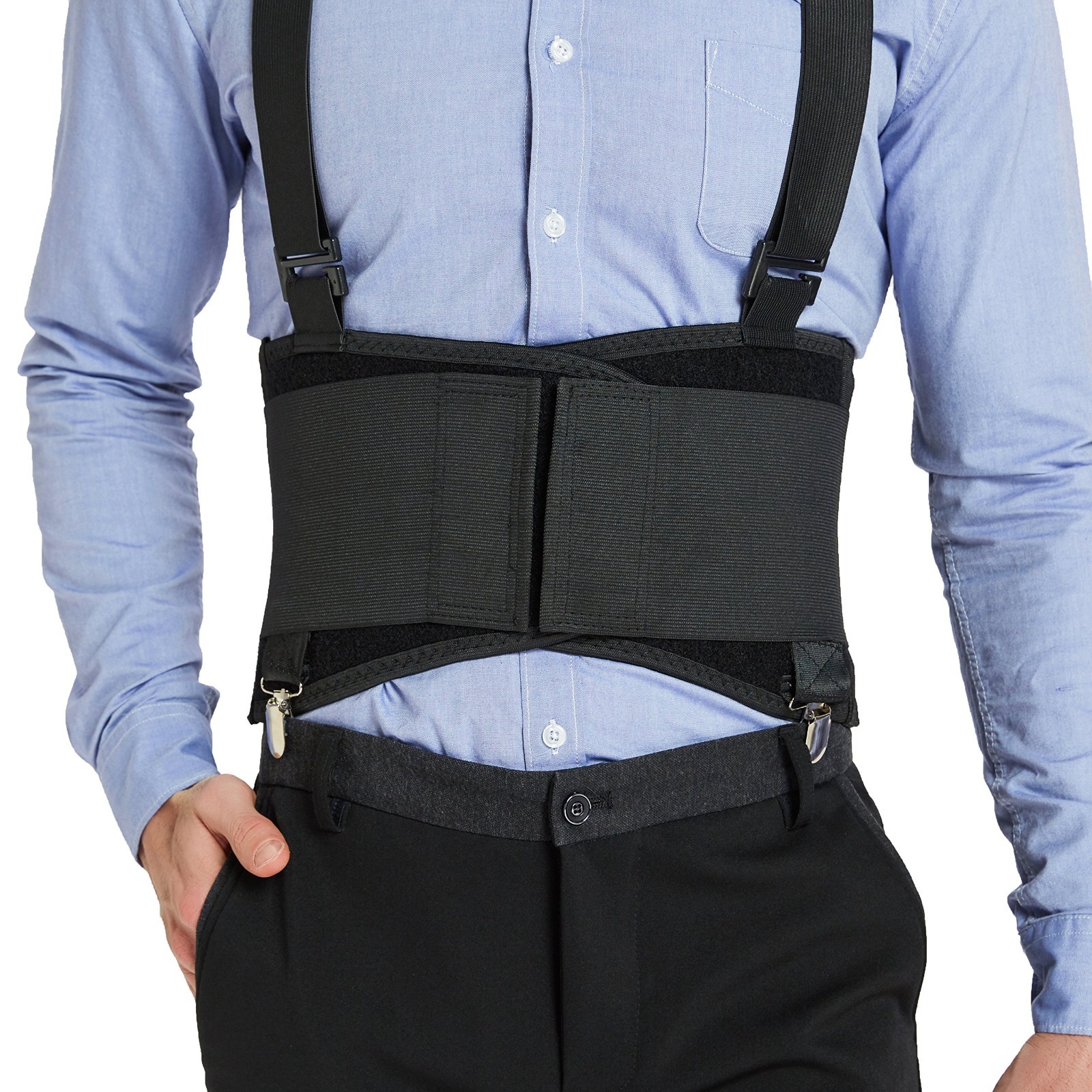 Adjustable Back Support Belt with Removable Clips & Suspenders – Lightweight, Br