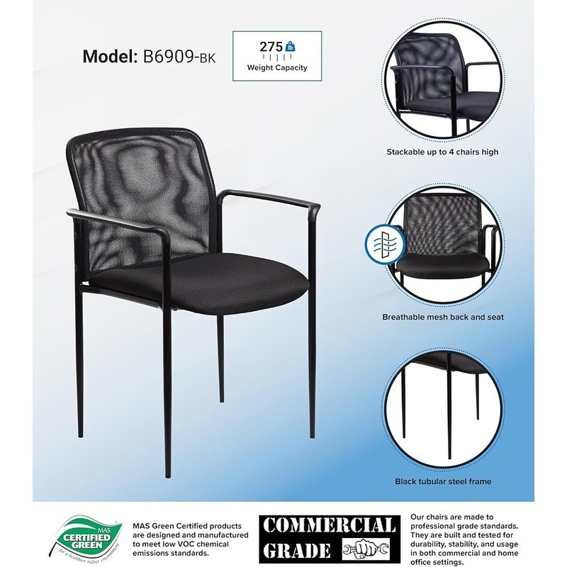 Stackable Contemporary Chair Tubular Steel Frames Molded Arm Caps Mesh Back New
