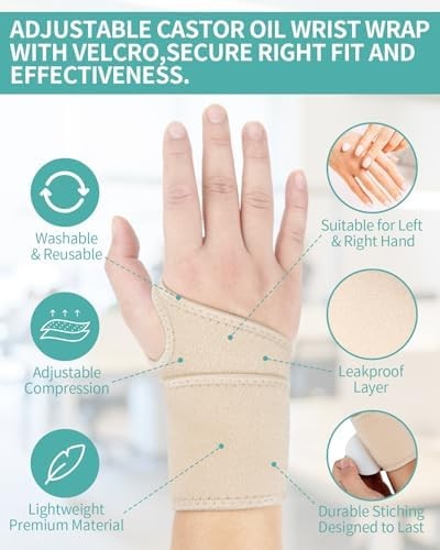 2PCS Castor Oil Pack Wrap for Wrist Hand Wrap Wrist Brace for Carpal Tunnel Reli