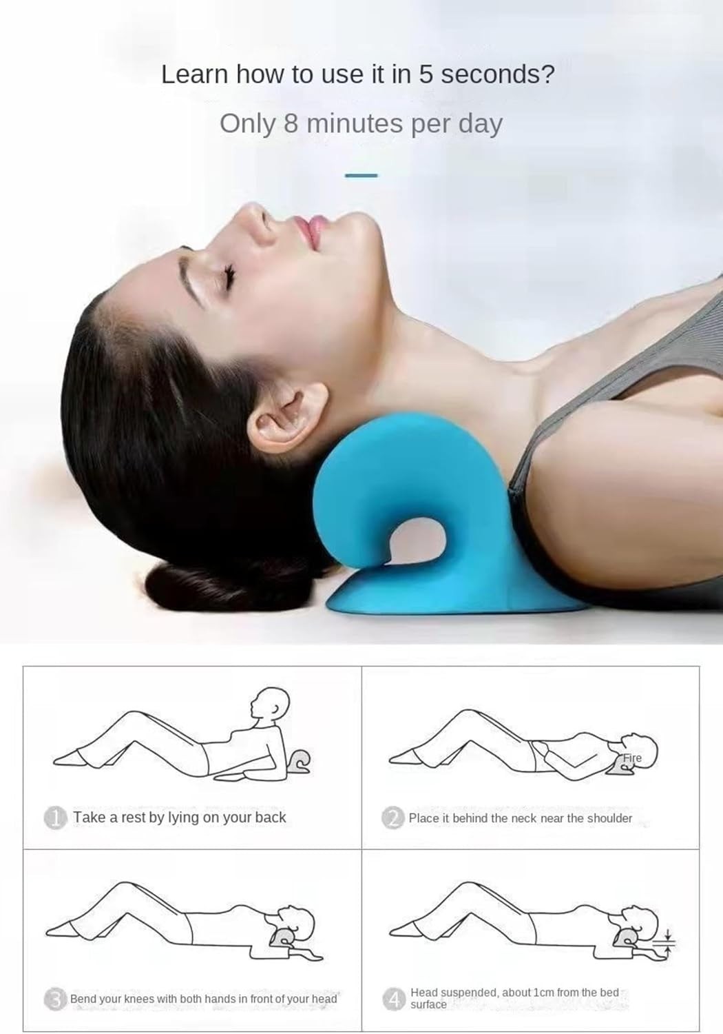 HqteK C- Type Cervical Vertebra Massage Pillow Cervical Brace Traction (Black)