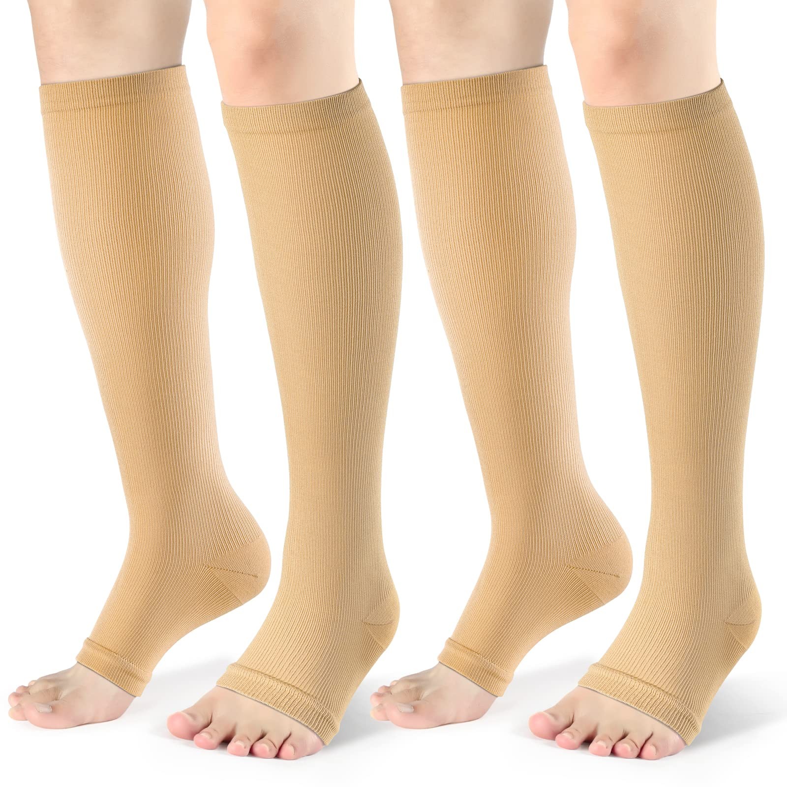 Toeless Compression Socks 15-20 mmHg, 2 Pairs open toe Knee High Support