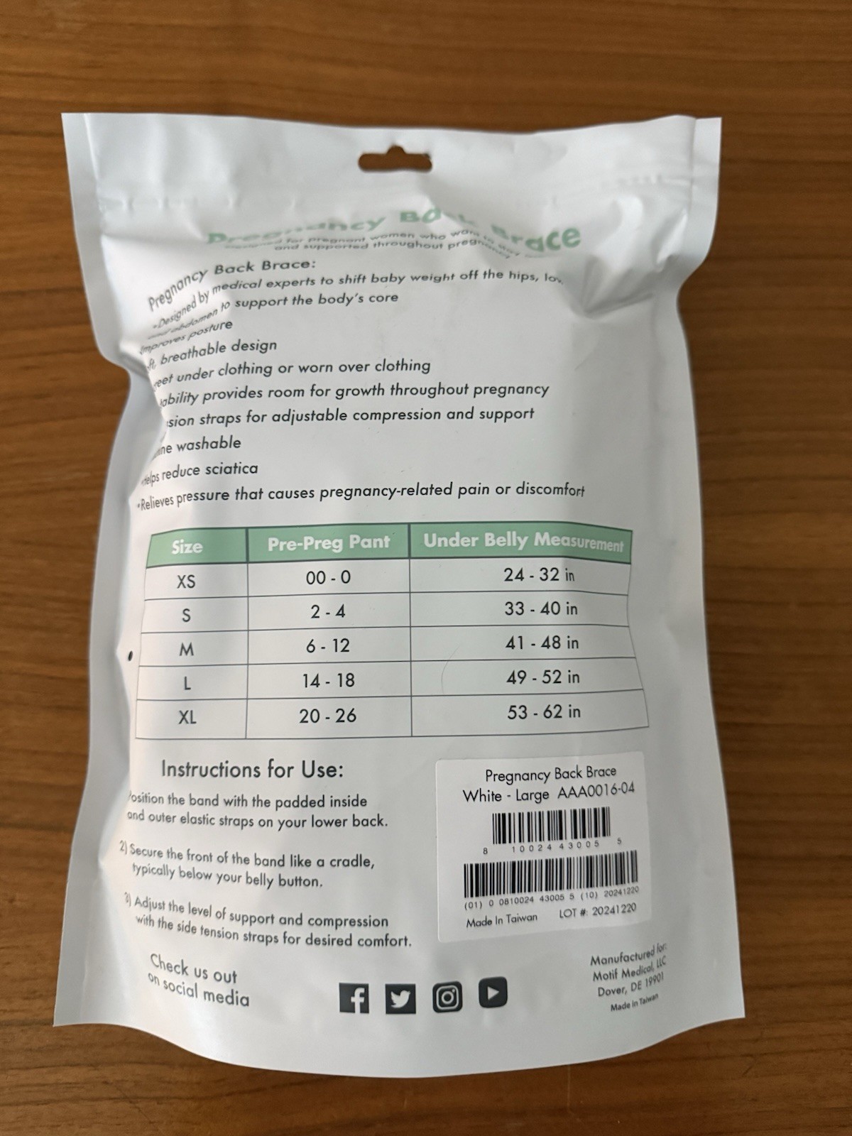 Motif Medical Pregnancy Back Brace Support Band Size Large New In Package