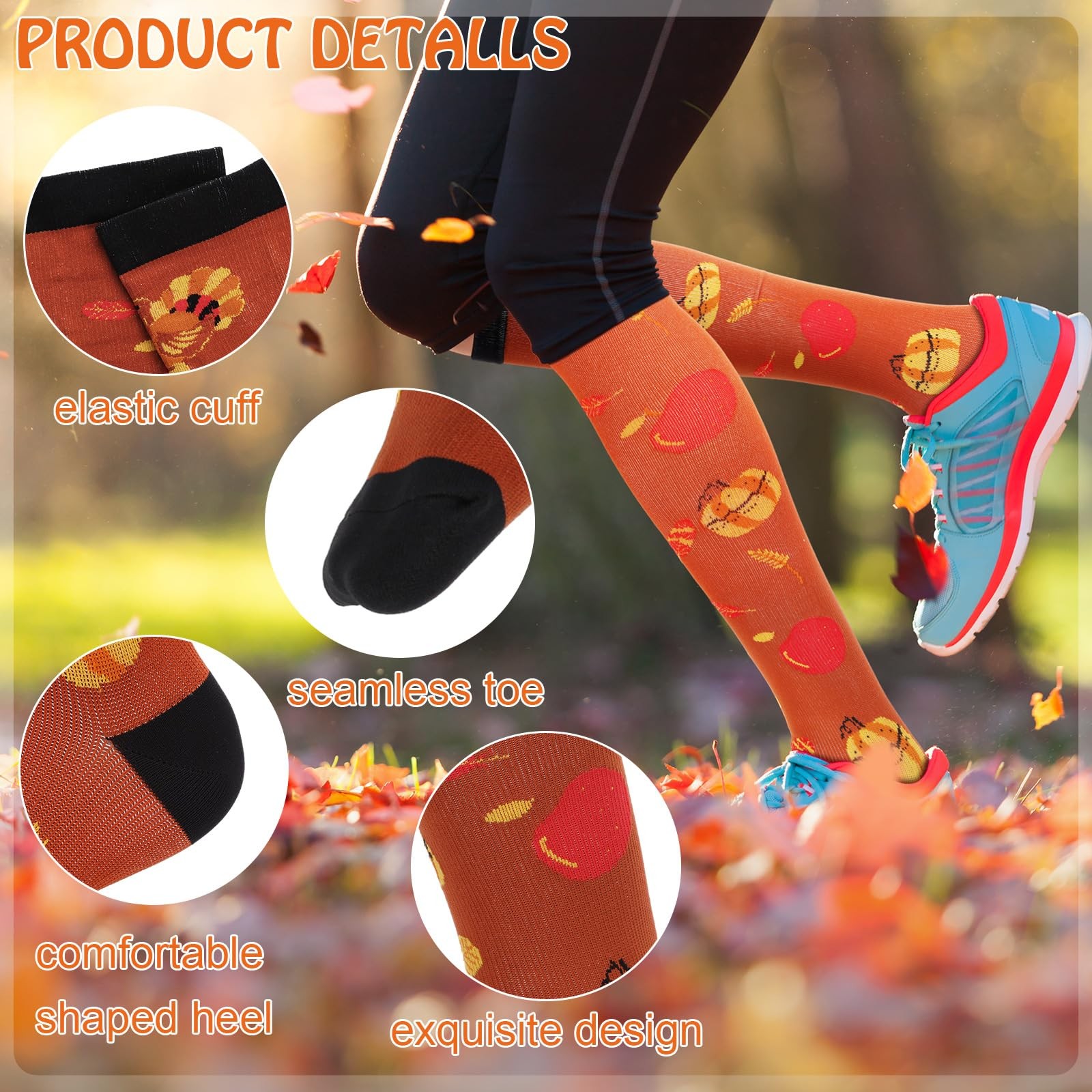 6 Pairs Thanksgiving Day Compression Socks 2030mmhg Knee High For Running
